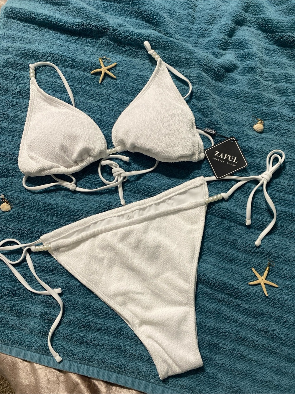 Zaful Forever Young Textured White Bikini With Pearls And  Adjustable Straps XL